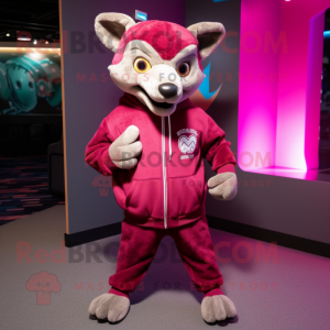 Magenta Thylacosmilus mascot costume character dressed with a Sweater and Shoe laces