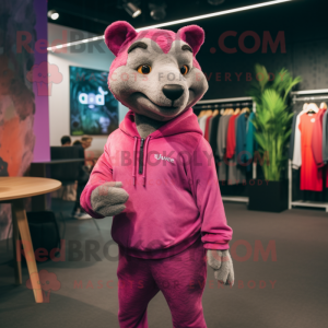 Magenta Thylacosmilus mascot costume character dressed with a Sweater and Shoe laces