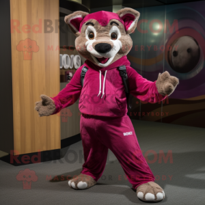 Magenta Thylacosmilus mascot costume character dressed with a Sweater and Shoe laces