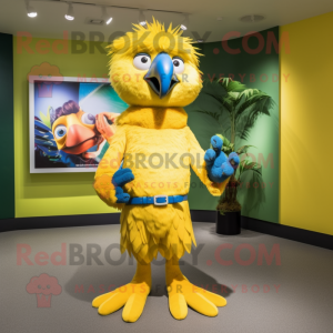 Yellow Macaw mascot costume character dressed with a Playsuit and Hair clips
