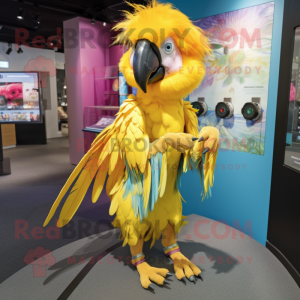 Yellow Macaw mascot costume character dressed with a Playsuit and Hair clips