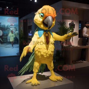 Yellow Macaw mascot costume character dressed with a Playsuit and Hair clips