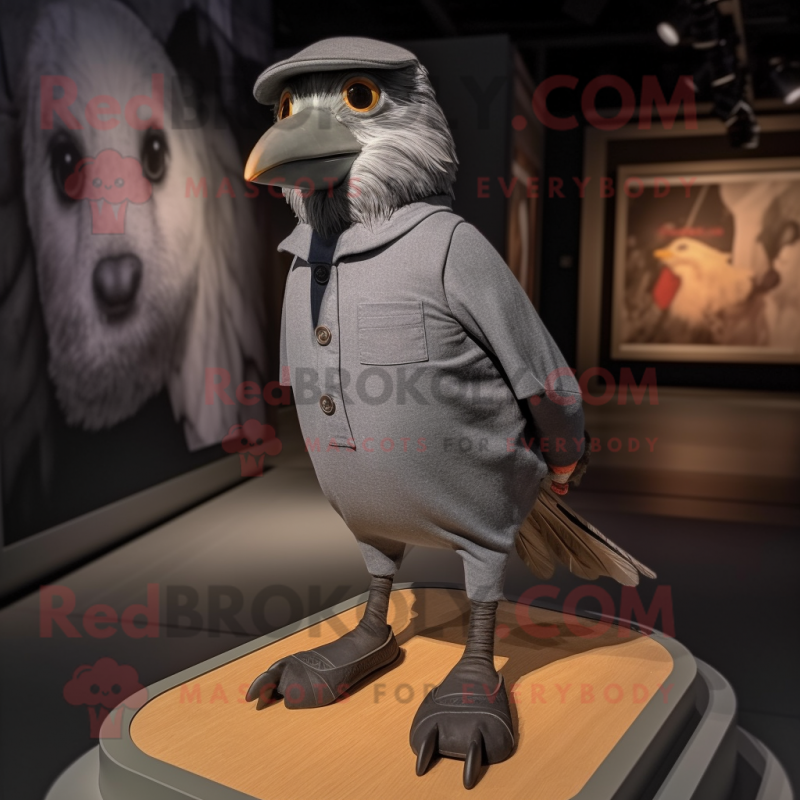 Gray Blackbird mascot costume character dressed with a Henley Tee and Shoe laces