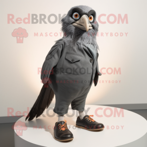 Gray Blackbird mascot costume character dressed with a Henley Tee and Shoe laces