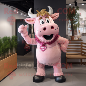 Pink Bull mascot costume character dressed with a Boyfriend Jeans and Suspenders