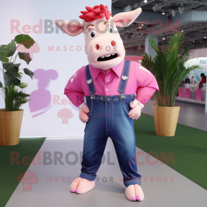 Pink Bull mascot costume character dressed with a Boyfriend Jeans and Suspenders