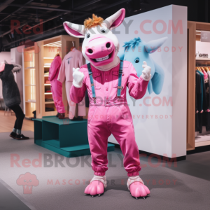 Pink Bull mascot costume character dressed with a Boyfriend Jeans and Suspenders