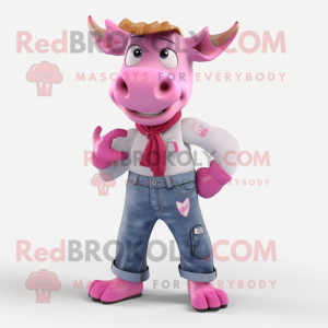 Pink Bull mascot costume character dressed with a Boyfriend Jeans and Suspenders