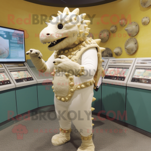 Cream Ankylosaurus mascot costume character dressed with a Rash Guard and Coin purses