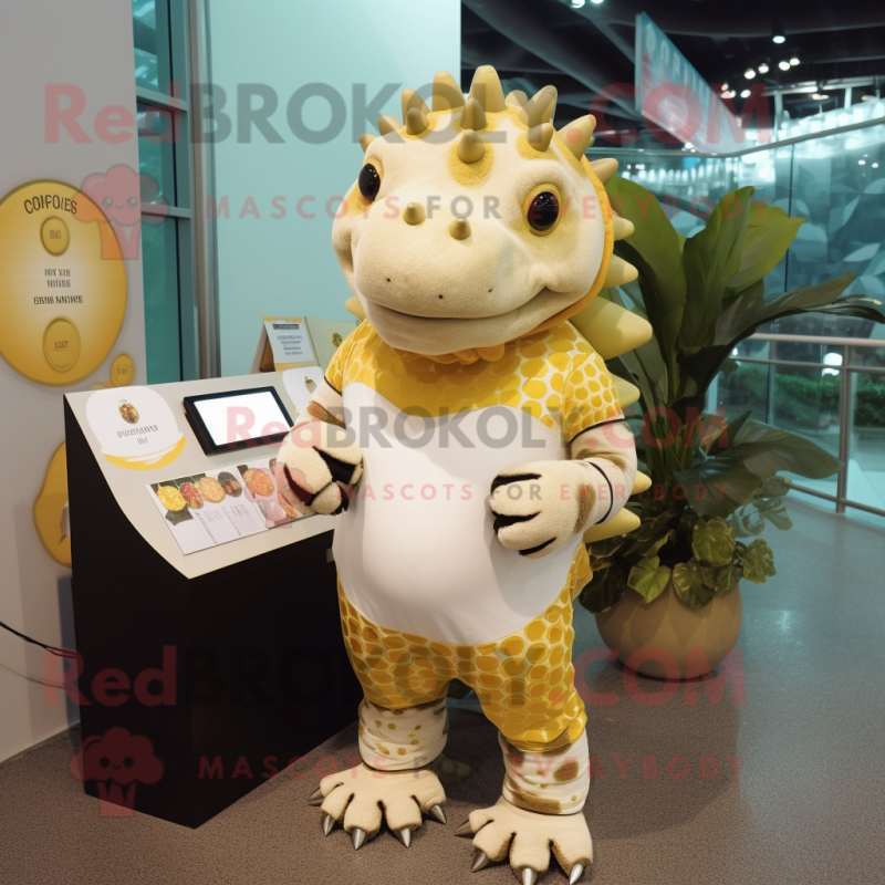 Cream Ankylosaurus mascot costume character dressed with a Rash Guard and Coin purses Cream Ankylosaurus mascot costume character dressed with a Rash Guard and Coin purses