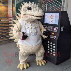 Cream Ankylosaurus mascot costume character dressed with a Rash Guard and Coin purses