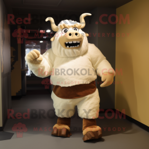 Cream Minotaur mascot costume character dressed with a Shorts and Mittens