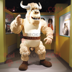 Cream Minotaur mascot costume character dressed with a Shorts and Mittens