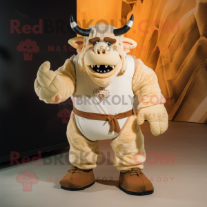 Cream Minotaur mascot costume character dressed with a Shorts and Mittens