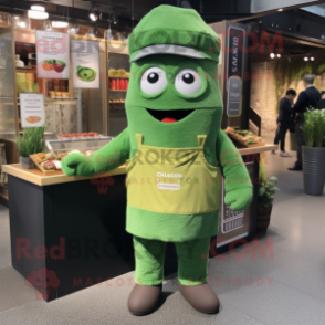 Green Sushi mascot costume character dressed with a Dungarees and Beanies