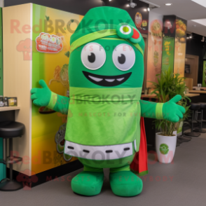 Green Sushi mascot costume character dressed with a Dungarees and Beanies