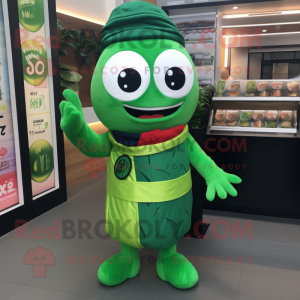 Green Sushi mascot costume character dressed with a Dungarees and Beanies