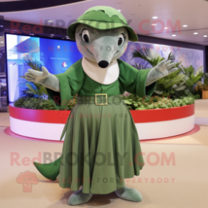 Olive Dolphin mascot costume character dressed with a Circle Skirt and Bracelets