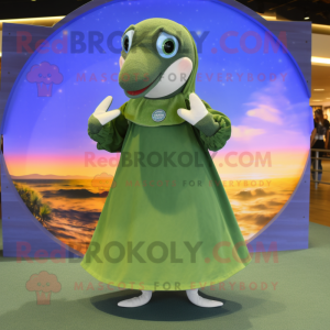 Olive Dolphin mascot costume character dressed with a Circle Skirt and Bracelets