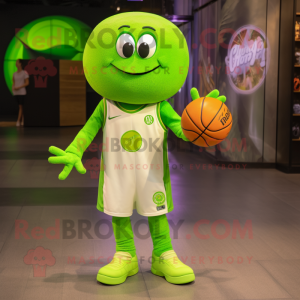 Lime Green Basketball Ball mascot costume character dressed with a Henley Tee and Bracelet watches