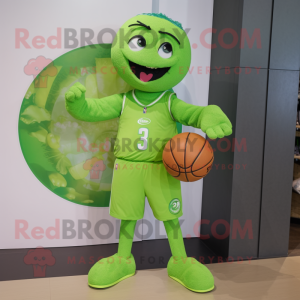 Lime Green Basketball Ball mascot costume character dressed with a Henley Tee and Bracelet watches