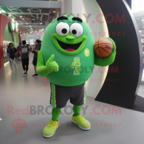 Lime Green Basketball Ball mascot costume character dressed with a Henley Tee and Bracelet watches