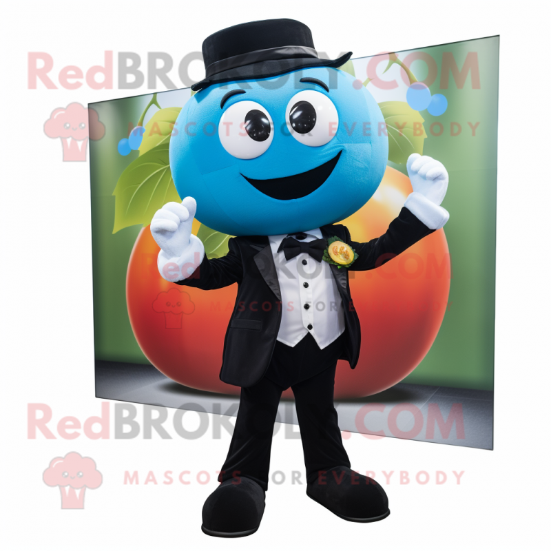 Cyan Tomato mascot costume character dressed with a Tuxedo and Ties