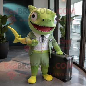 Lime Green Shark mascot costume character dressed with a Poplin Shirt and Briefcases
