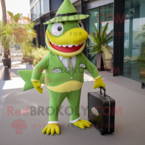 Lime Green Shark mascot costume character dressed with a Poplin Shirt and Briefcases