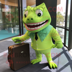 Lime Green Shark mascot costume character dressed with a Poplin Shirt and Briefcases