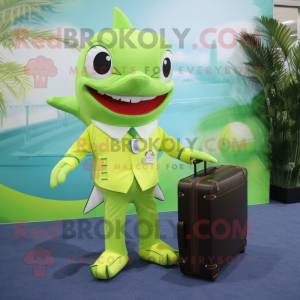 Lime Green Shark mascot costume character dressed with a Poplin Shirt and Briefcases