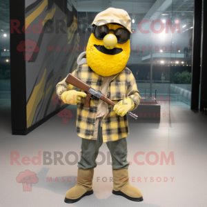 Yellow Sniper mascot costume character dressed with a Flannel Shirt and Berets