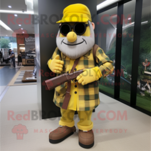 Yellow Sniper mascot costume character dressed with a Flannel Shirt and Berets