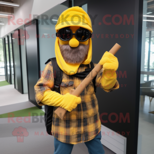 Yellow Sniper mascot costume character dressed with a Flannel Shirt and Berets