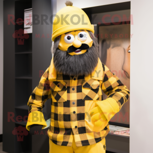 Yellow Sniper mascot costume character dressed with a Flannel Shirt and Berets