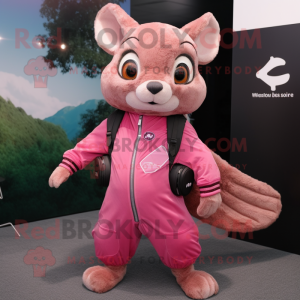 Pink Flying Squirrel mascot costume character dressed with a Jumpsuit and Messenger bags