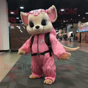Pink Flying Squirrel mascot costume character dressed with a Jumpsuit and Messenger bags
