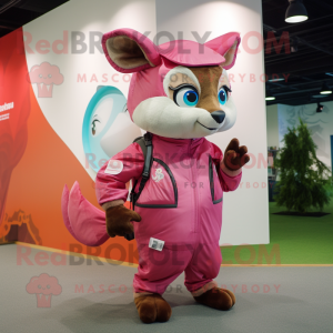 Pink Flying Squirrel mascot costume character dressed with a Jumpsuit and Messenger bags