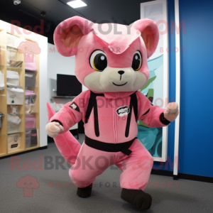 Pink Flying Squirrel mascot costume character dressed with a Jumpsuit and Messenger bags