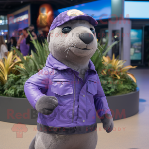 Lavender Sea Lion mascot costume character dressed with a Moto Jacket and Hats
