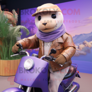 Lavender Sea Lion mascot costume character dressed with a Moto Jacket and Hats