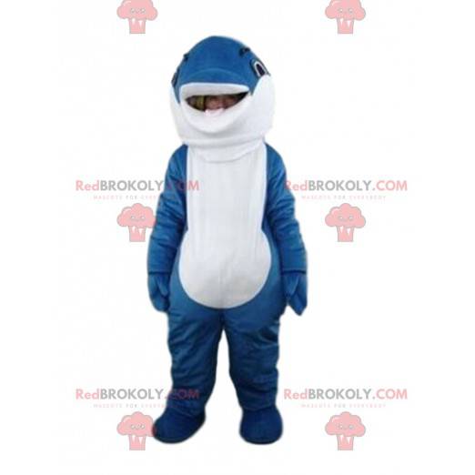Mascot blauwe en witte dolfijn, volledig aanpasbaar -