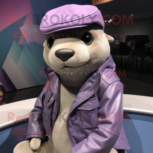Lavender Sea Lion mascot costume character dressed with a Moto Jacket and Hats