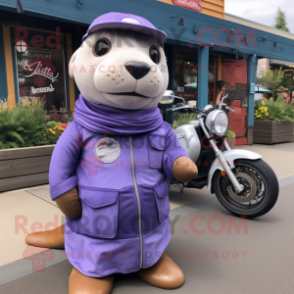 Lavender Sea Lion mascot costume character dressed with a Moto Jacket and Hats