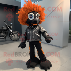 Black Clown Fish mascot costume character dressed with a Moto Jacket and Hair clips