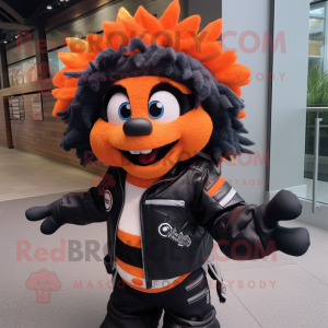 Black Clown Fish mascot costume character dressed with a Moto Jacket and Hair clips