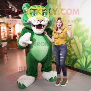 Green Saber-Toothed Tiger mascot costume character dressed with a Mom Jeans and Rings