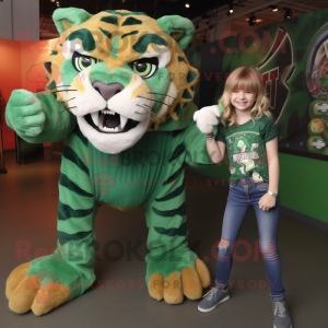 Green Saber-Toothed Tiger mascot costume character dressed with a Mom Jeans and Rings