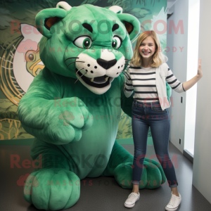 Green Saber-Toothed Tiger mascot costume character dressed with a Mom Jeans and Rings