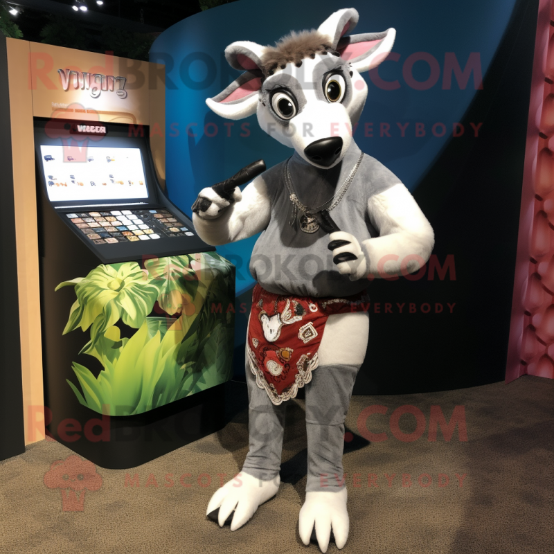 Silver Okapi mascot costume character dressed with a Capri Pants and Coin purses